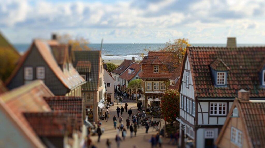 Blick auf die belebte Innenstadt von Wyk auf Föhr mit Geschäften und Passanten an einem sonnigen Tag