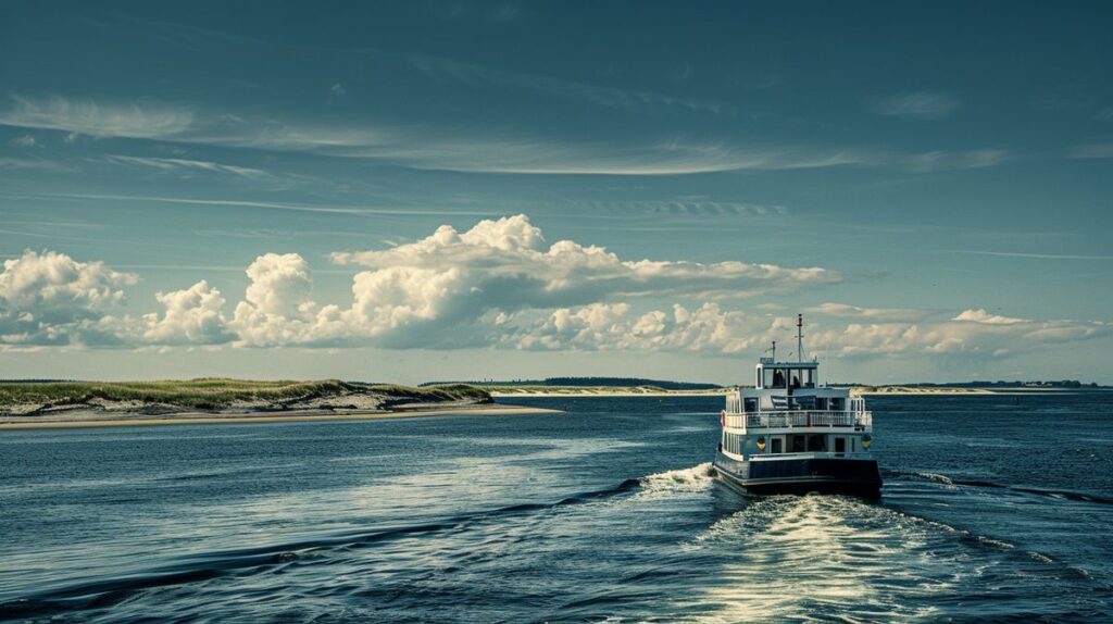 Fähre Föhr Amrum mit Passagieren bei Sonnenuntergang auf dem Meer