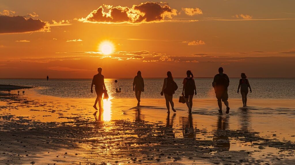 Wattwanderung Föhr bei Sonnenuntergang, Personen erkunden das Wattenmeer