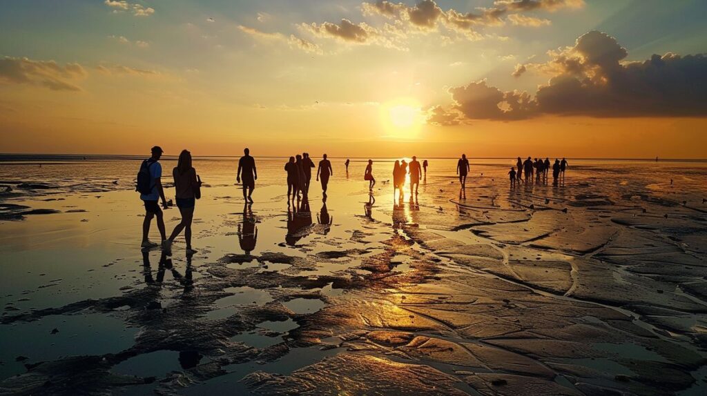 Gruppe bei einer Wattwanderung Föhr im Sonnenuntergang, Naturerlebnis im Wattenmeer