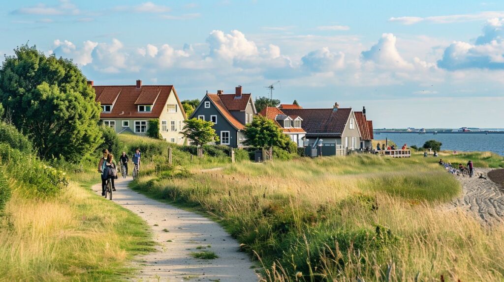 Radfahrer genießen einen autofreien Tag auf der Insel Föhr, umgeben von grüner Natur und frischer Luft