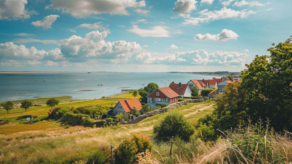 Blick auf die typischen Reetdachhäuser und Leuchtturm auf Föhr, perfekte Föhr Sehenswürdigkeiten für Touristen