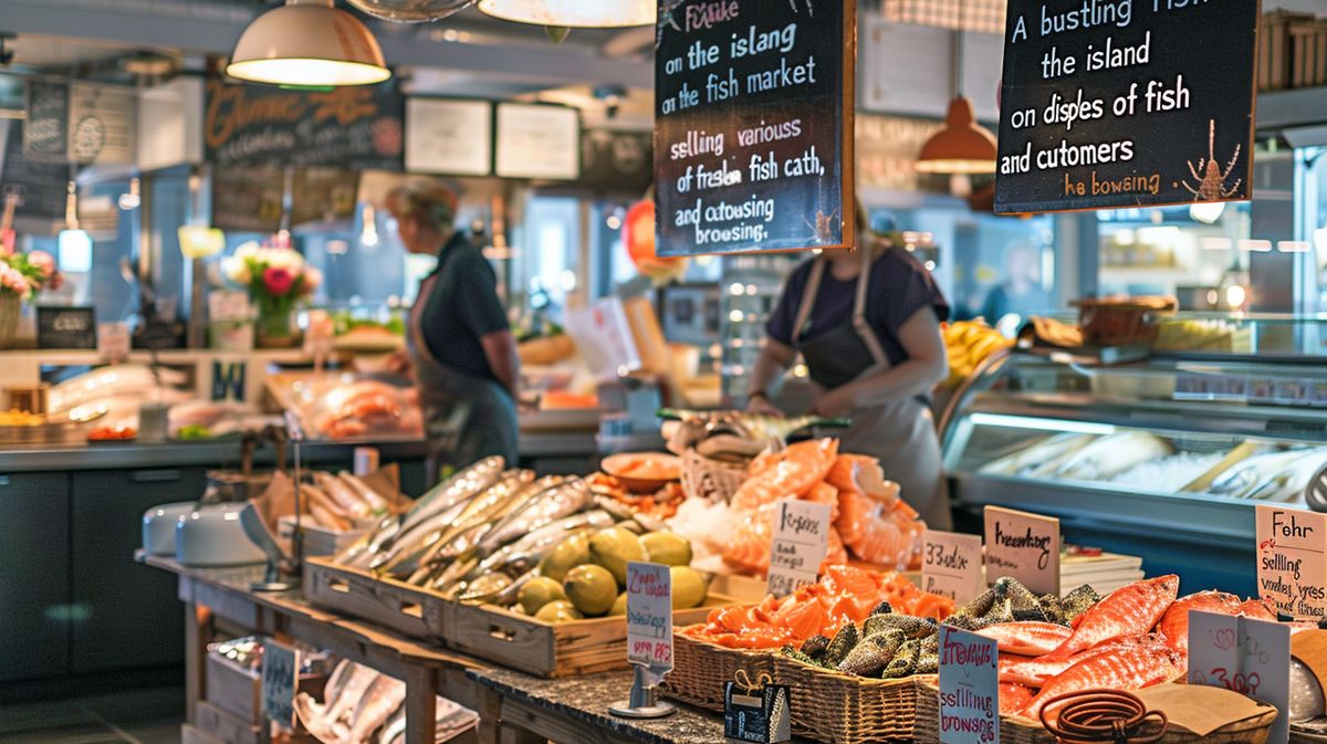 Frische Fische auf dem Fischmarkt Föhr, lebhafte Marktatmosphäre mit Besuchern