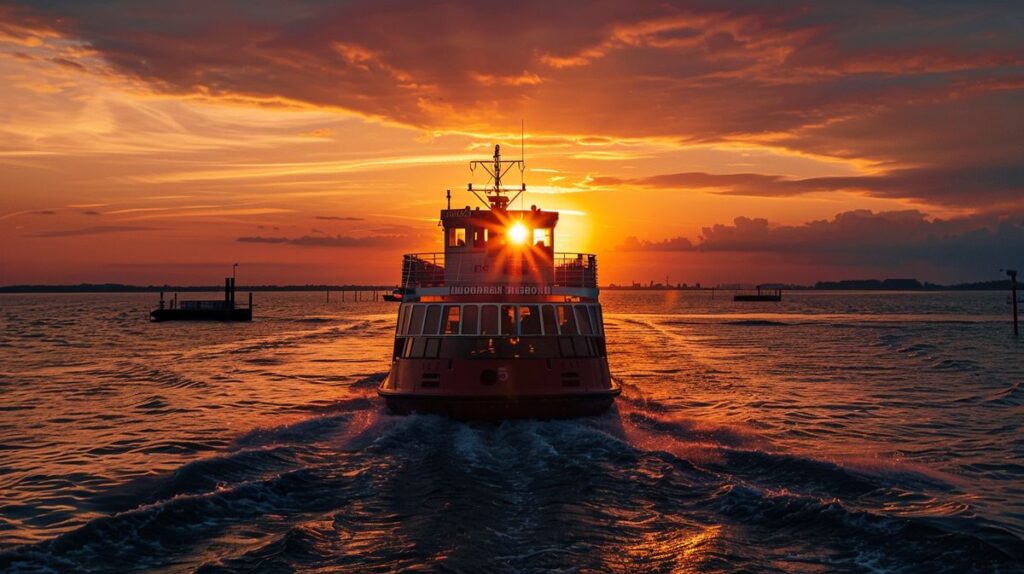 Lebhafte Darstellung des Sonnenuntergangs über dem Meer mit leuchtenden Farben und ruhigen Wellen