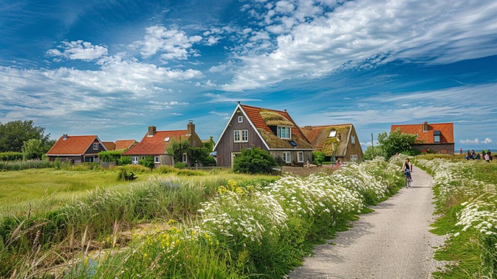 Familie genießt einen autofreien Tag auf der Insel Föhr, Kinder spielen auf einer grünen Wiese