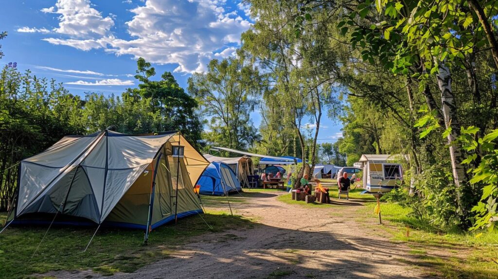 Familie genießt Camping auf Föhr mit Zelt und Sonnenuntergang im Hintergrund