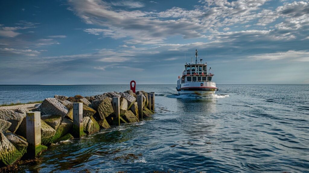 Fähre Dagebüll Föhr am Hafen bei Sonnenuntergang, perfekte Aussicht auf das Meer und wartende Passagiere