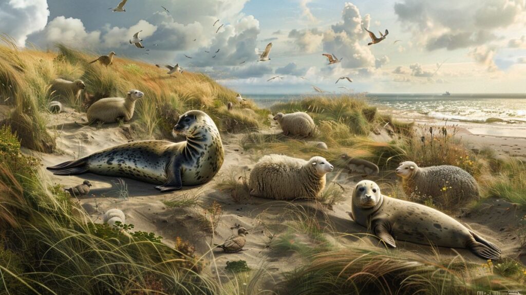 Tierleben auf Föhr, verschiedene Tiere und Landschaften der Insel Föhr in einer Collage