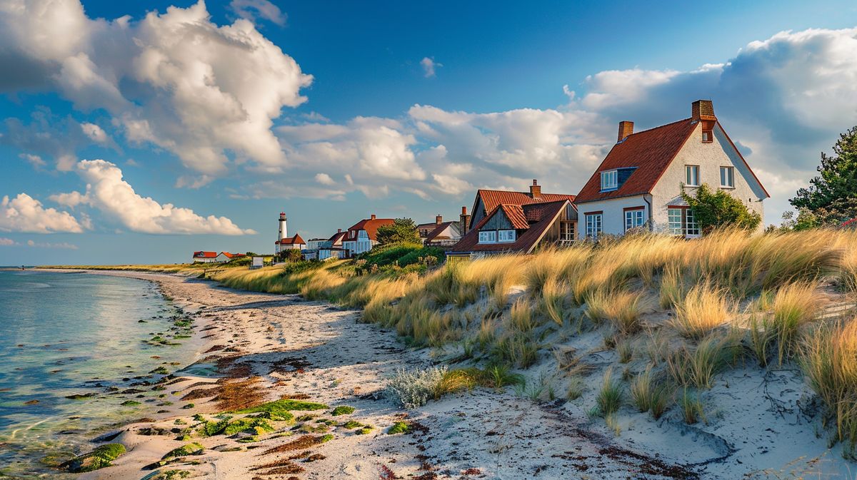 Blick auf die malerische Landschaft der Insel Föhr mit traditionellen Häusern und grünen Feldern