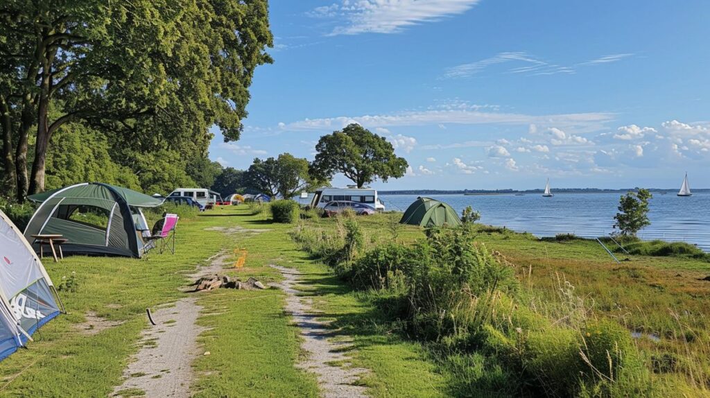 Familie genießt Camping auf Föhr am sonnigen Strand mit Zelt und Picknick