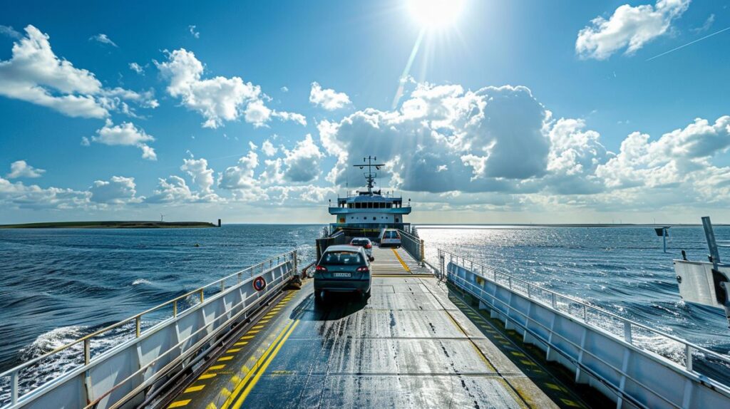 Fähre Föhr mit PKW transportiert Autos und Passagiere über das Meer bei Sonnenuntergang