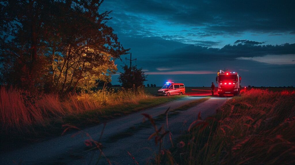 Polizei und Rettungsdienste am Ort eines tödlichen Unfalls in Wyk auf Föhr, Straßensperrung und Untersuchung im Gange