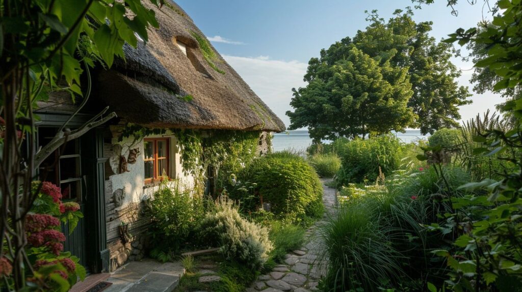 Gemütliche Wyk auf Föhr Pension mit Frühstück, idyllischer Außenbereich mit Gartenmöbeln und Sonnenschirm