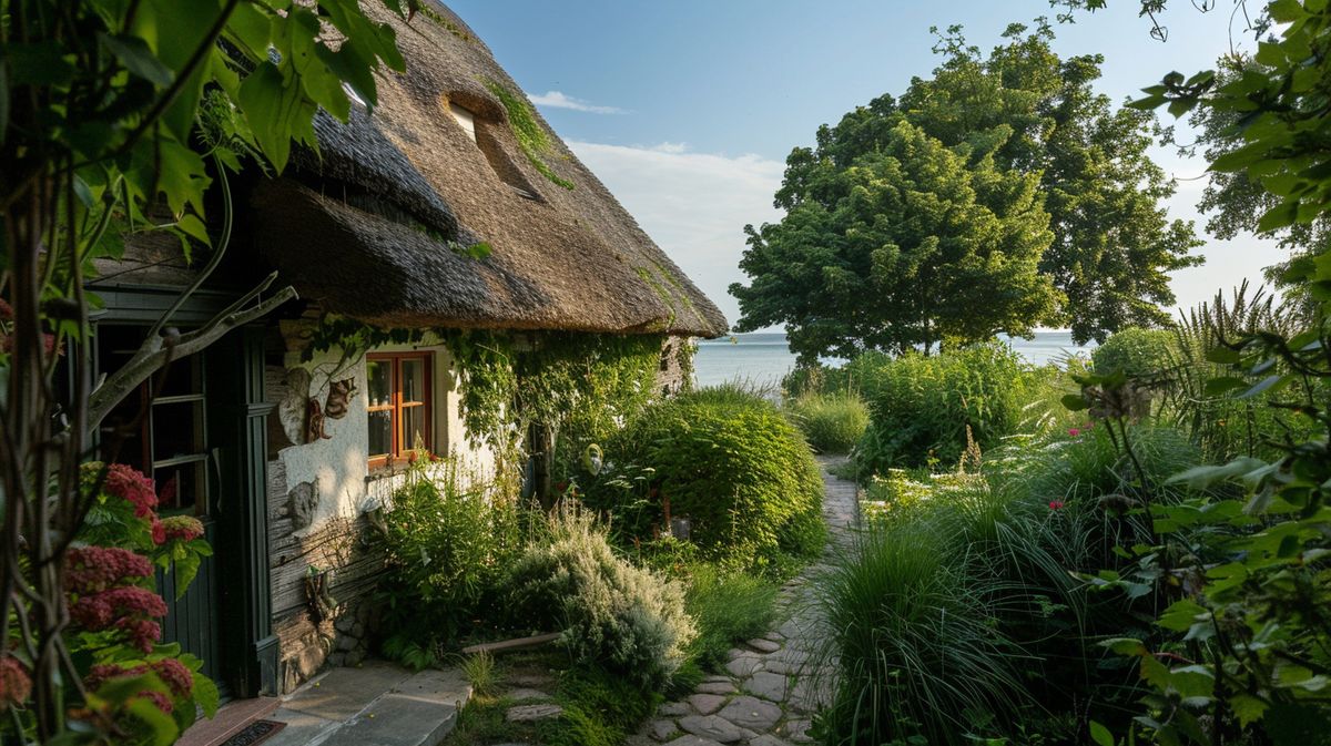 Gemütliche Wyk auf Föhr Pension mit Frühstück, idyllischer Außenbereich mit Gartenmöbeln und Sonnenschirm