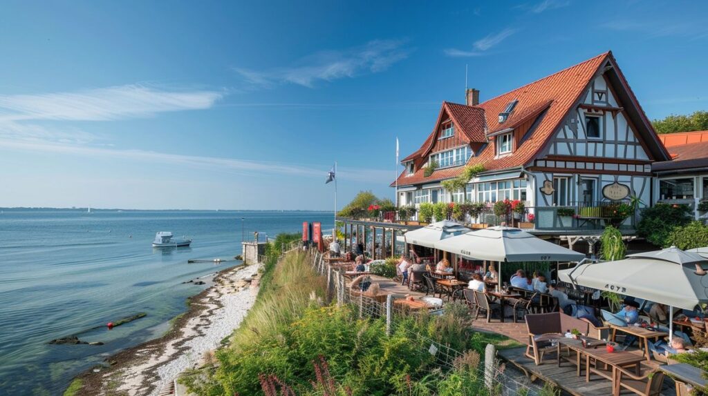 Gosch Föhr Restaurant am Strand mit Gästen beim Sonnenuntergang