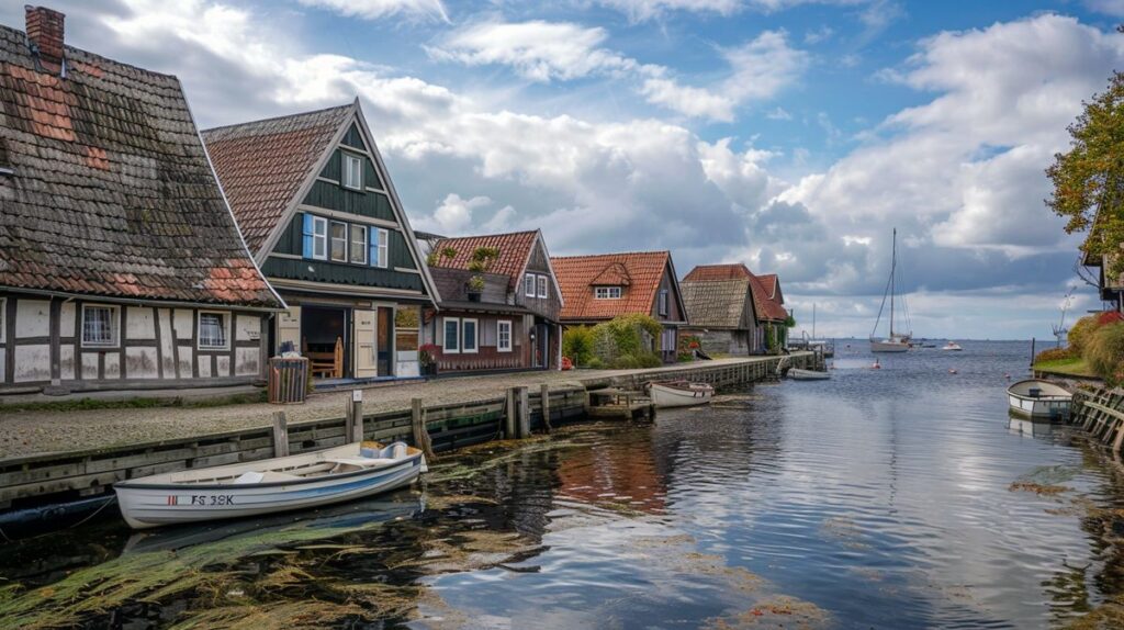 Blick auf den malerischen Leuchtturm in Föhr Dunsum bei Sonnenuntergang, umgeben von grüner Landschaft