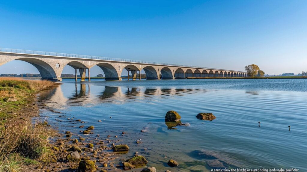 Blick auf die malerische Mittelbrücke Föhr bei Sonnenuntergang mit Spiegelung im Wasser