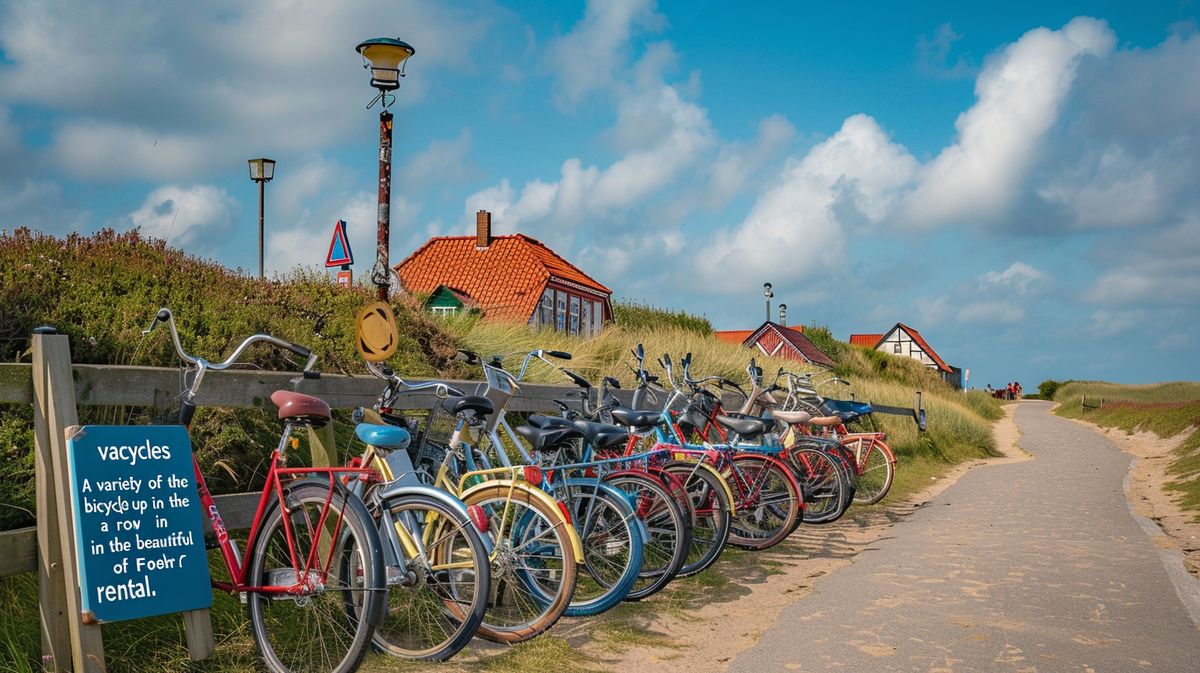 Fahrradverleih Föhr mit einer Auswahl an Fahrrädern vor malerischer Küstenlandschaft