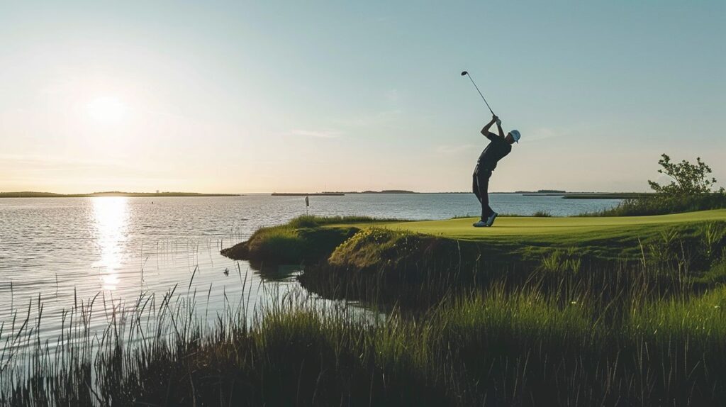 Golfspieler beim Abschlag auf einem sonnigen Golfplatz auf Föhr, perfekt für den Sport Golfen auf Föhr