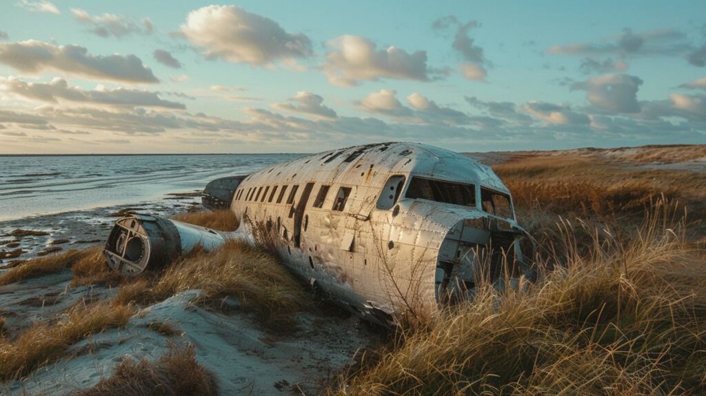 Wrack eines kleinen Flugzeugs nach einem Flugzeugabsturz auf Föhr in einer sandigen Küstenlandschaft