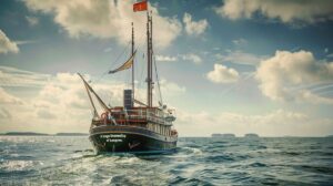 Schiff der Wyker Dampfschiffs-Reederei Föhr-Amrum auf dem Meer bei Sonnenuntergang