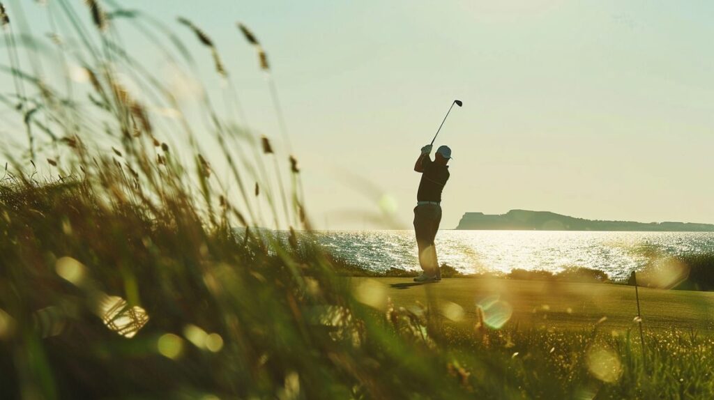 Golfspieler genießt eine Partie Golfen auf Föhr mit malerischem Blick auf das Meer im Hintergrund