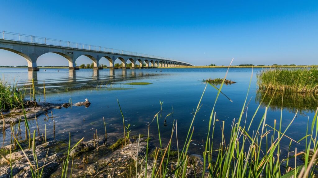 Blick auf die Mittelbrücke Föhr bei Sonnenuntergang mit Spiegelung im Wasser