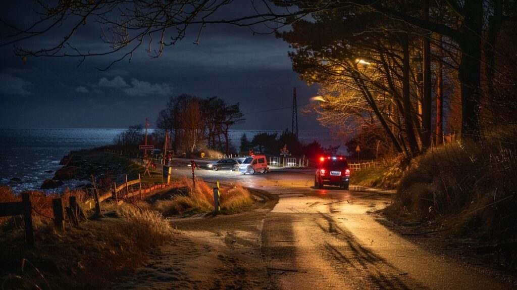 Polizei und Rettungsdienst am Ort eines tödlichen Unfalls in Wyk auf Föhr