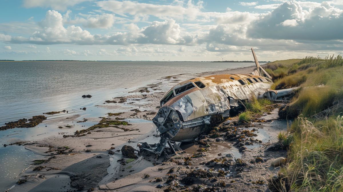 Wrack eines kleinen Flugzeugs nach einem Flugzeugabsturz auf Föhr in einer abgelegenen Wiese