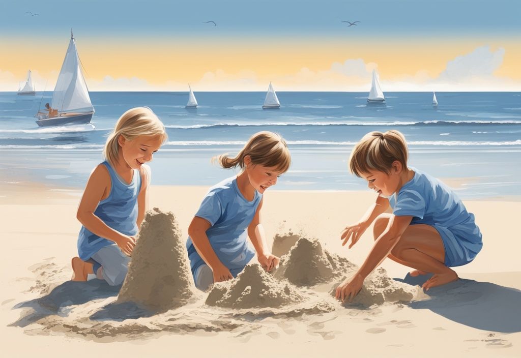 Kinder bauen Sandburgen am Strand von Amrum, realistisches Bild in Blautönen.