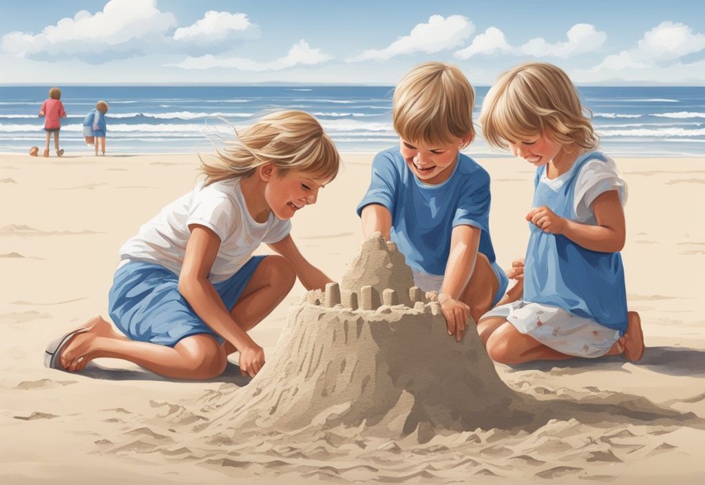 Kinder bauen Sandburgen am Strand von Amrum, blaues Farbschema, realistisches Bild