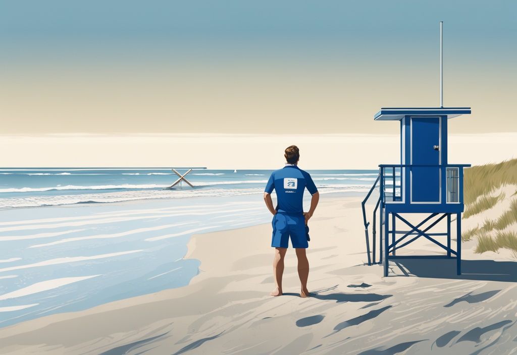 Rettungsschwimmer am Strand von Amrum warnt Schwimmer vor Badeunfällen, realistische blaue Illustration.