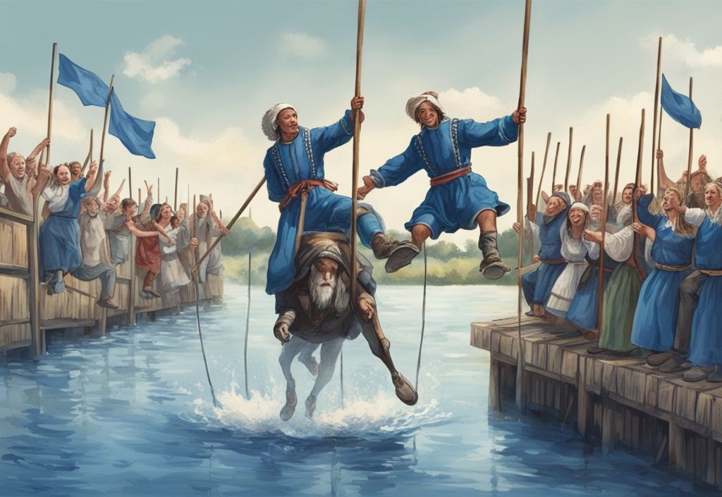 Realistische Illustration von Menschen in traditioneller friesischer Kleidung beim Fierljeppen (Stabhochsprung über Wasser), umgeben von Zuschauern, mit blauem Farbschema.