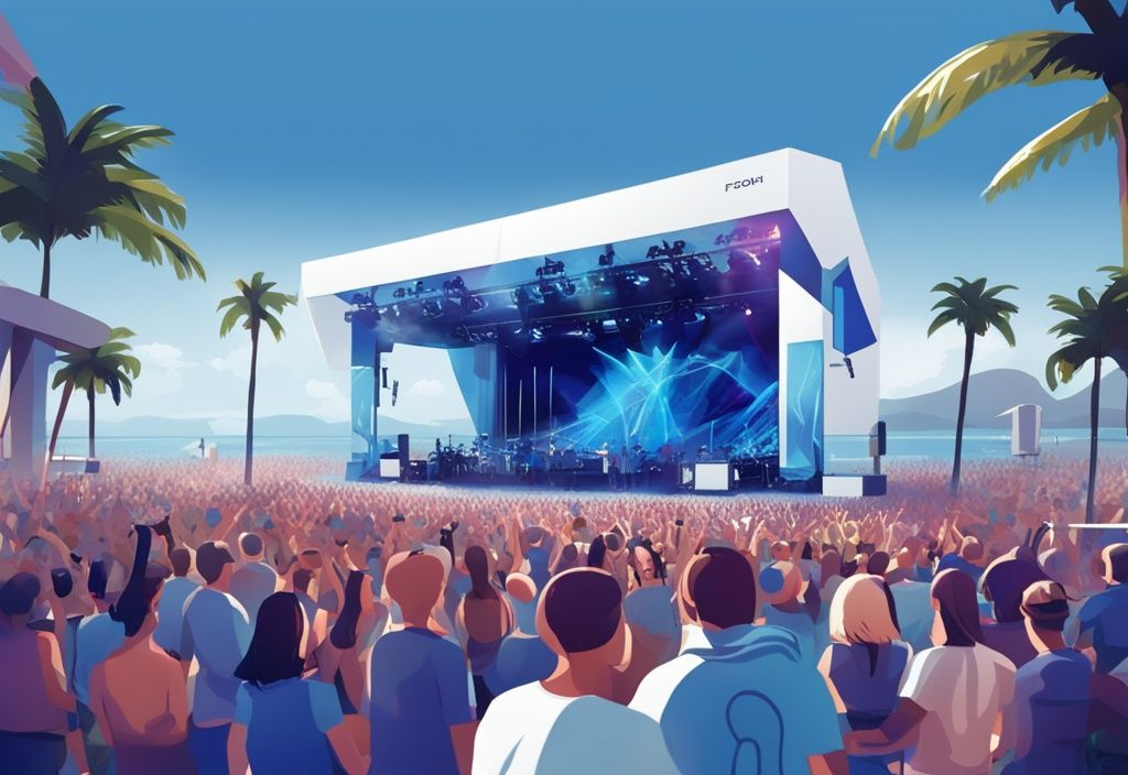 Realistische Illustration einer lebhaften Open-Air-Konzertszene auf der Insel Föhr mit futuristischer Bühne 2025 und begeistertem Publikum, Hauptfarbthema Blau, Föhr Konzerte 2025.