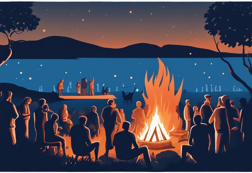 Realistische Illustration eines großen Biikebrennen auf der Insel Föhr, mit blauen Farbtönen und Silhouetten von Einheimischen, die das traditionelle Fest in der Nacht feiern.