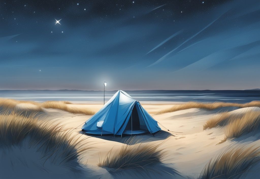 Realistische Illustration eines Zelts zwischen den sanften Sanddünen von Amrum unter einem sternenklaren Himmel, Hauptfarbthema Blau, Dünencamping Amrum.