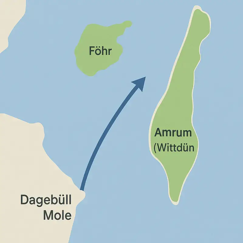 Zeichnung der Fährverbindung von Dagebüll nach Amrum.
