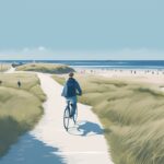 Realistische Illustration von der autofreien Insel Amrum mit blauem Farbthema, zeigt Menschen beim Radfahren und Spazierengehen auf den Straßen ohne Autos.