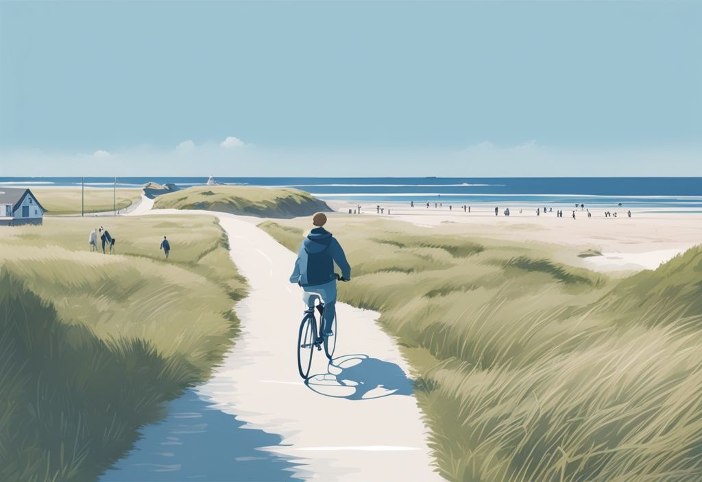 Realistische Illustration von der autofreien Insel Amrum mit blauem Farbthema, zeigt Menschen beim Radfahren und Spazierengehen auf den Straßen ohne Autos.