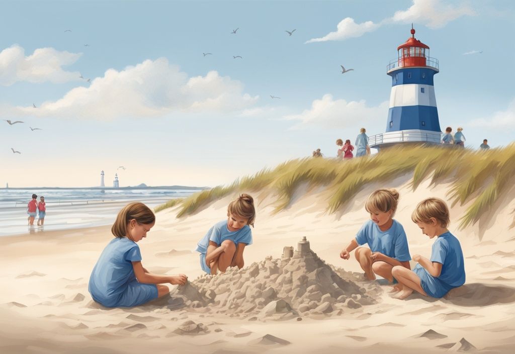 Kinder bauen Sandburgen am Strand von Amrum mit Kindern, im Hintergrund der ikonische Leuchtturm, Hauptfarbthema Blau.