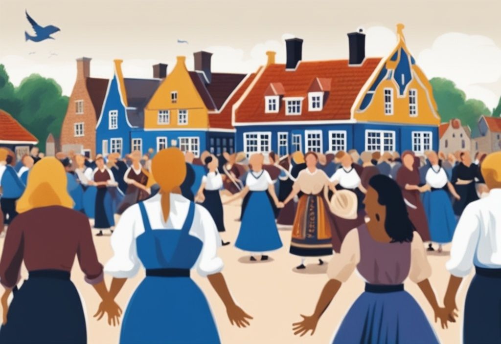 Realistische Illustration von Menschen beim traditionellen Tanz auf der Insel Föhr, mit ikonischen friesischen Häusern im Hintergrund, Hauptfarbthema Blau.