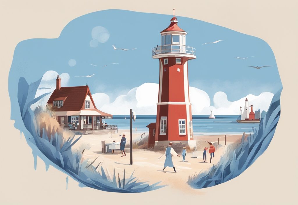 Realistische Illustration in Blautönen mit einem Einheimischen, der auf Amrums Geheimtipps wie einen abgelegenen Strand, ein einzigartiges Restaurant und einen charmanten Leuchtturm hinweist.