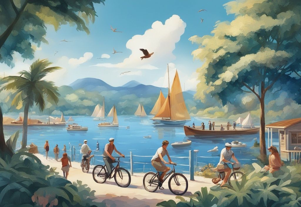 Realistische Illustration von Menschen, die auf der malerischen Insel Föhr Aktivitäten wie Radfahren, Segeln und Vogelbeobachtung ausüben, mit einem blauen Farbthema.