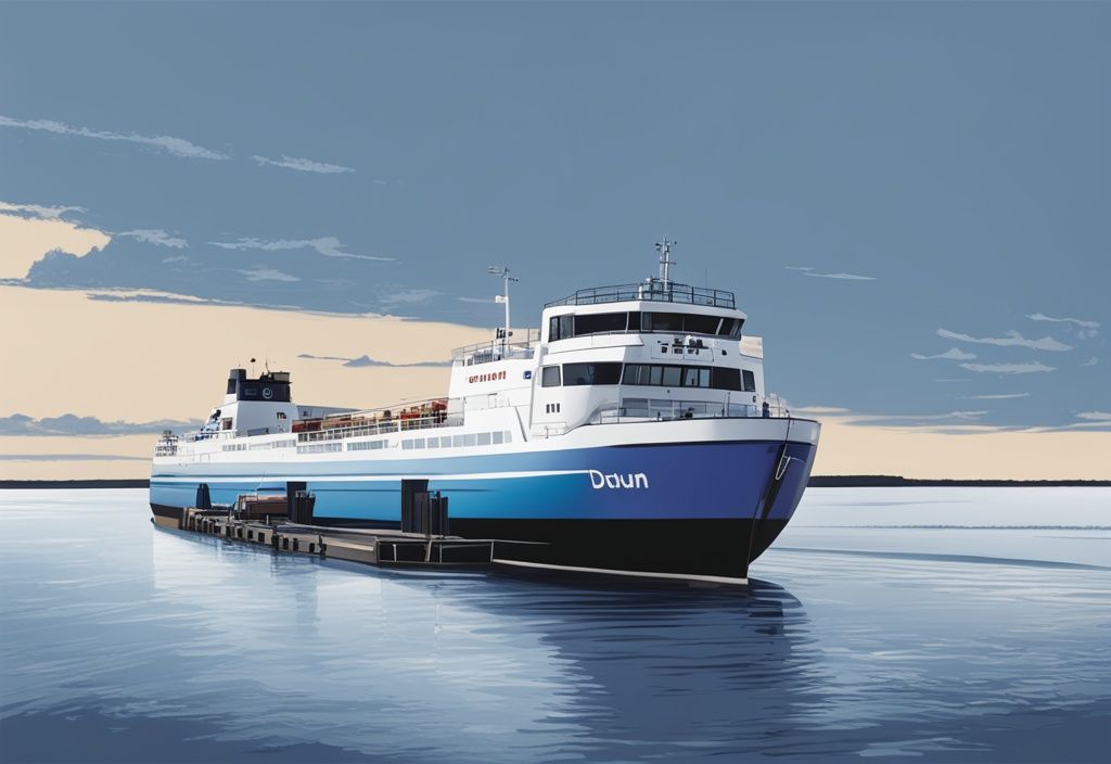 Realistische Illustration einer Fähre, die vom Hafen Dagebüll ablegt, mit der Insel Amrum im Hintergrund, Hauptfarbton Blau.