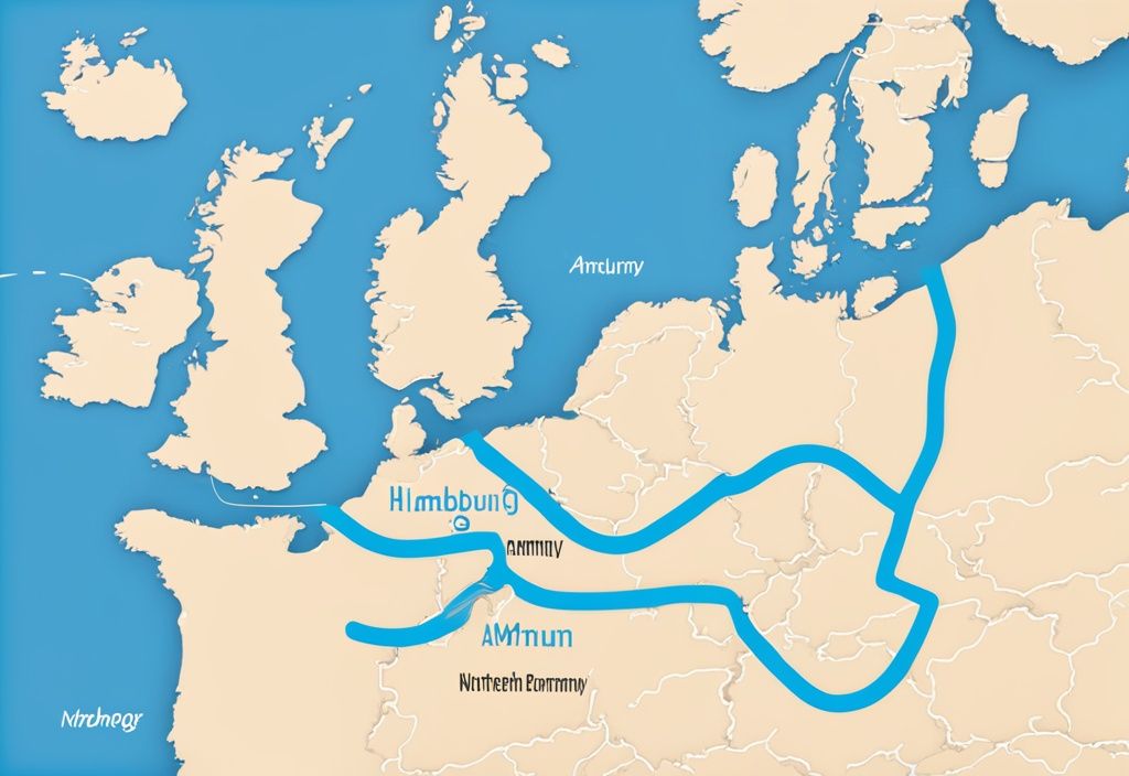 Karte von Norddeutschland mit hervorgehobener Route von Hamburg zur Insel Amrum, in blauem Farbschema gestaltet. Keyword: wie kommt man nach Amrum.