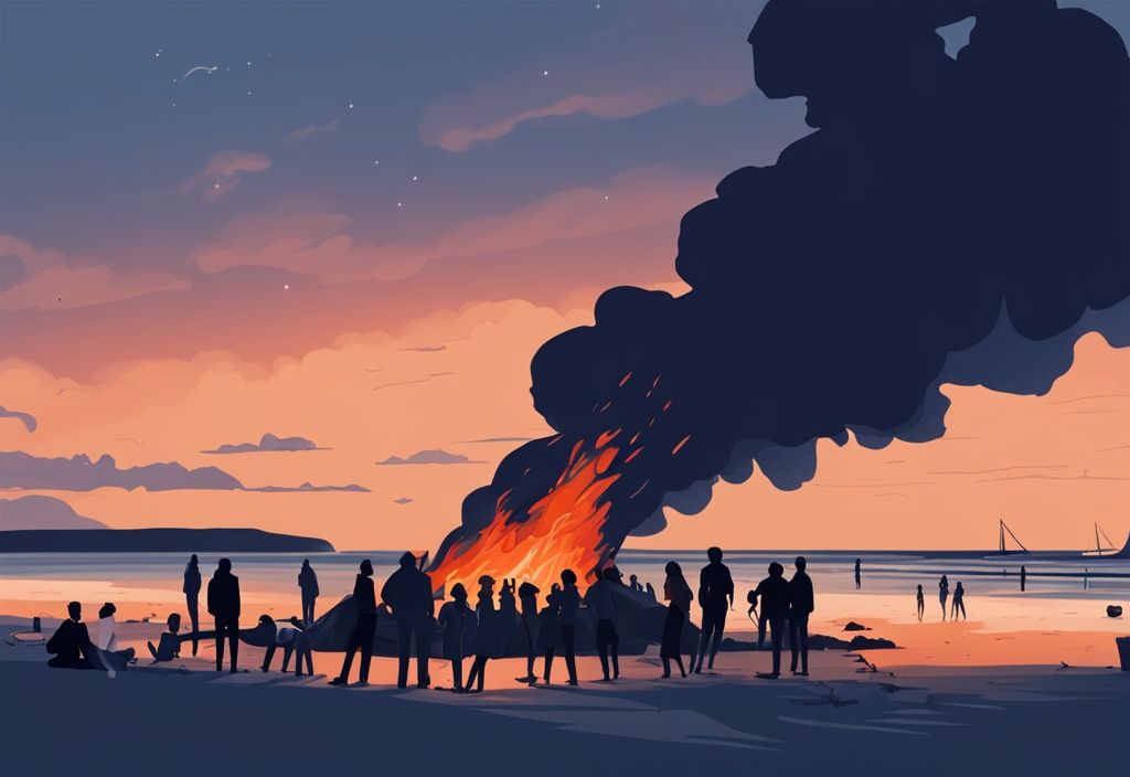 Biikebrennen auf Föhr: Silhouetten von Menschen um ein großes Lagerfeuer am Strand bei blauem Himmel in der Abenddämmerung.