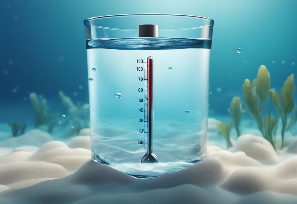 Realistische Illustration eines Thermometers im klaren Wasser von Föhr, das die Wassertemperatur anzeigt, Hauptfarbthema Blau.