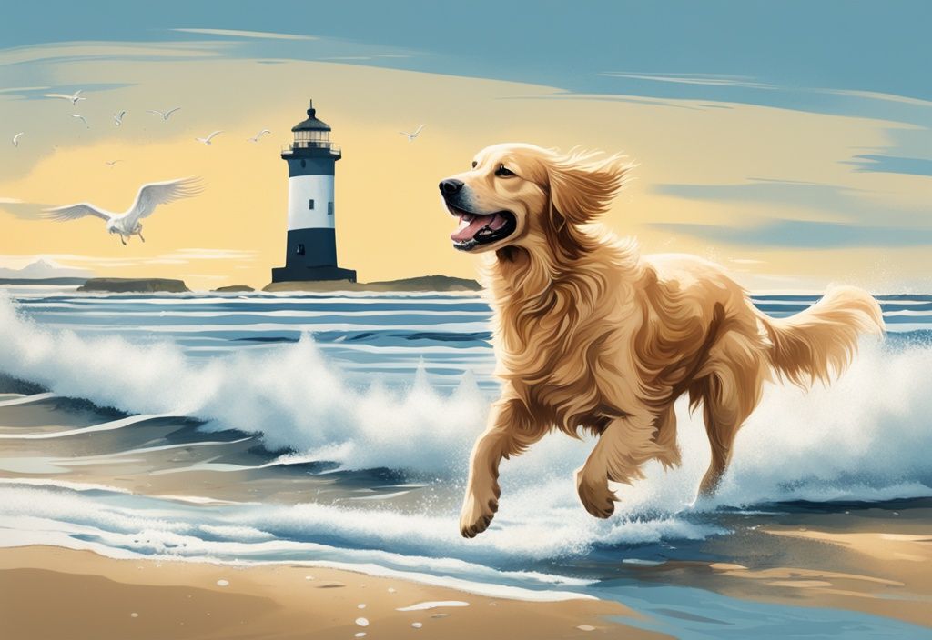 Ein fröhlicher Golden Retriever planscht im flachen Wasser der Nordsee vor der Kulisse des ikonischen Leuchtturms und der Dünenlandschaft von Amrum.