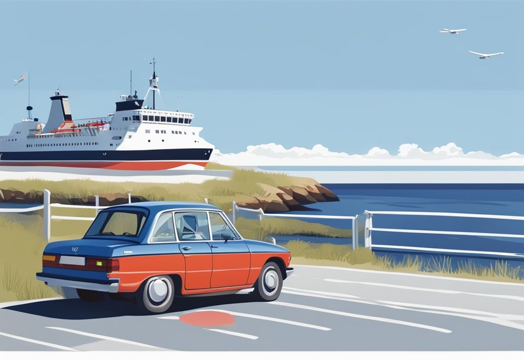 Realistische Illustration eines Autos, das auf eine Fähre fährt, mit der Insel Amrum im Hintergrund, Hauptfarbthema Blau.