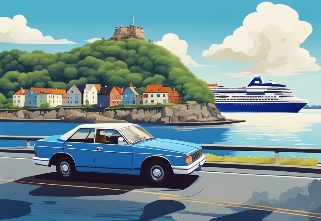 Realistische Illustration eines Autos auf einer Fähre vor der malerischen Insel Föhr unter klarem blauen Himmel, mit dem Auto nach Föhr.